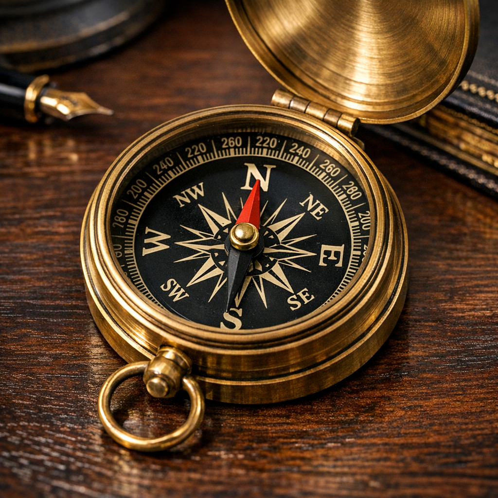 a closeup shot of a brass compass sitting on a dark wood executive desk The compass needle is pointing North